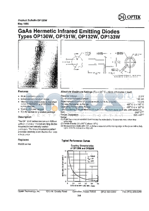 OP130W datasheet - GaAs Hermetic Infrared Emitting Diodes