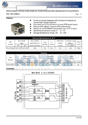 PLU1T041G datasheet - SINGLE RJ45 CONNECTOR MODULE WITH INTEGRATED 10/100 BASE-TX MAGNETICS