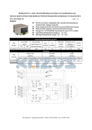 PLU1S041-43 datasheet - SINGLE RJ45 CONNECTOR MODULE WITH INTEGRATED 10/100 BASE-TX MAGNETICS