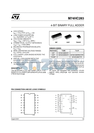 M74HC283RM13TR datasheet - 4-BIT BINARY FULL ADDER