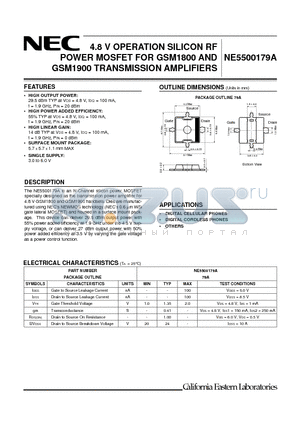 NE5500179A datasheet - 4.8 V OPERATION SILICON RF POWER MOSFET FOR GSM1800 AND GSM1900 TRANSMISSION AMPLIFIERS