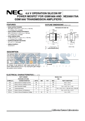 NE5500179A-T1 datasheet - 4.8 V OPERATION SILICON RF POWER MOSFET FOR GSM1800 AND GSM1900 TRANSMISSION AMPLIFIERS