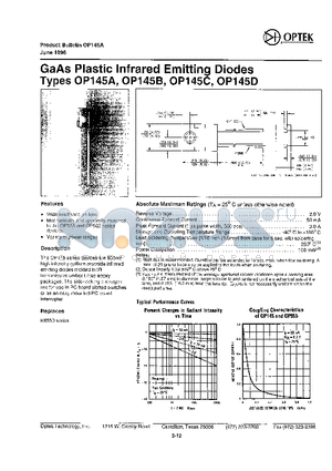 OP145B datasheet - GaAs Plastic Infrared Emitting Diodes