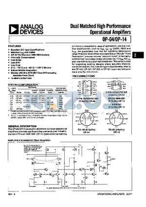 OP14CS datasheet - DUAL MATCHED HIGH PERFORMANCE OPERATIONAL AMPLIFIERS