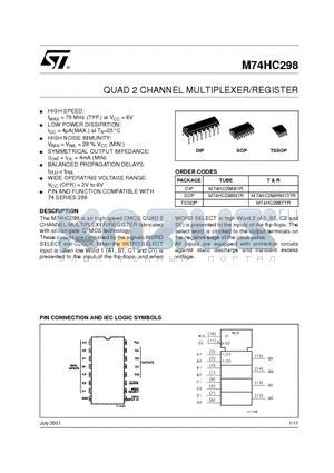 M74HC298 datasheet - QUAD 2 CHANNEL MULTIPLEXER/REGISTER