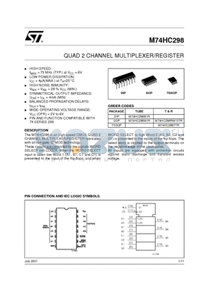 M74HC298TTR datasheet - QUAD 2 CHANNEL MULTIPLEXER/REGISTER