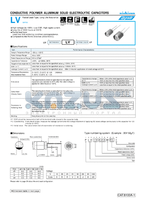 PLV1C221MCL1 datasheet - CONDUCTIVE POLYMER ALUMINUM SOLID ELECTROLYTIC CAPACITORS