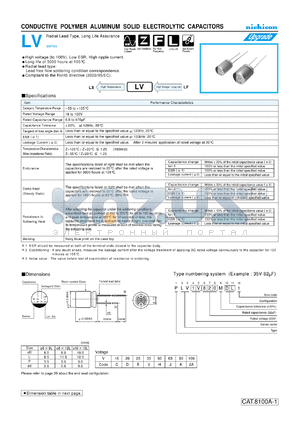 PLV1D221MDL1 datasheet - CONDUCTIVE POLYMER ALUMINUM SOLID ELECTROLYTIC CAPACITORS