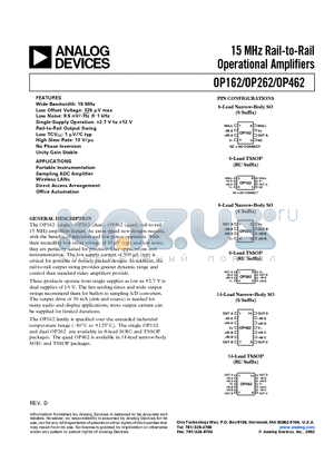 OP162GP datasheet - 15 MHz Rail-to-Rail Operational Amplifiers