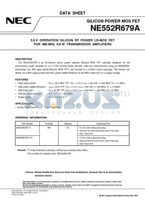 NE552R679A datasheet - 3.0 V OPERATION SILICON RF POWER LD-MOS FET FOR 460 MHz 0.6 W TRANSMISSION AMPLIFIERS