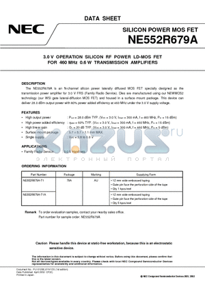 NE552R679A-T1 datasheet - 3.0 V OPERATION SILICON RF POWER LD-MOS FET FOR 460 MHz 0.6 W TRANSMISSION AMPLIFIERS