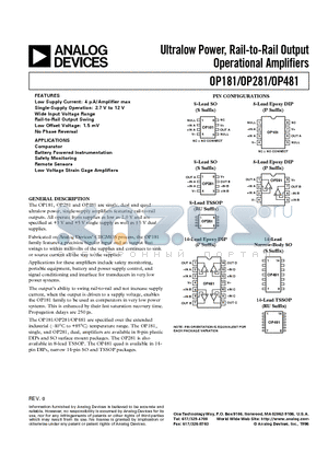 OP181 datasheet - Ultralow Power, Rail-to-Rail Output Operational Amplifiers