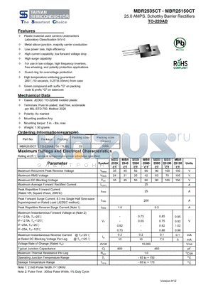 MBR25150CT datasheet - 25.0 AMPS. Schottky Barrier Rectifiers Low power loss, high efficiency