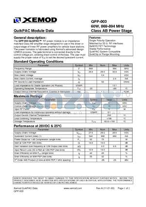 QPP-003 datasheet - 60W, 869-894 MHz Class AB Power Stage