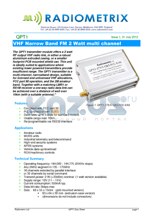 QPT1 datasheet - VHF Narrow Band FM 2 Watt multi channel