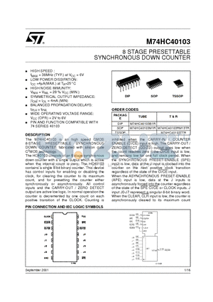 M74HC40103 datasheet - 8 STAGE PRESETTABLE SYNCHRONOUS DOWN COUNTER