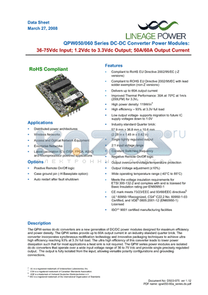 QPW050A0F1 datasheet - 36-75Vdc Input; 1.2Vdc to 3.3Vdc Output