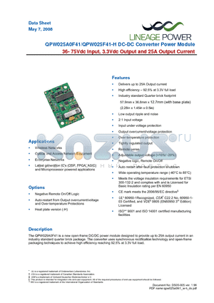 QPW025A0F41 datasheet - 36-75Vdc Input; 3.3Vdc Output Voltage; 25A Output Current