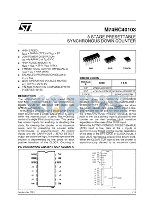 M74HC40103M1R datasheet - 8 STAGE PRESETTABLE SYNCHRONOUS DOWN COUNTER