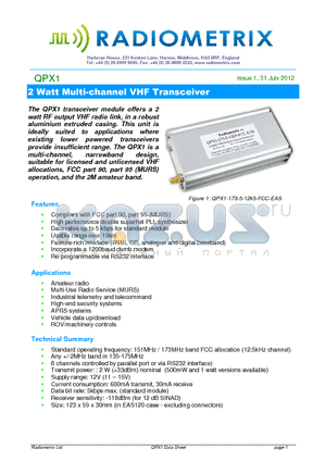 QPX1_12 datasheet - 2 Watt Multi-channel VHF Transceiver