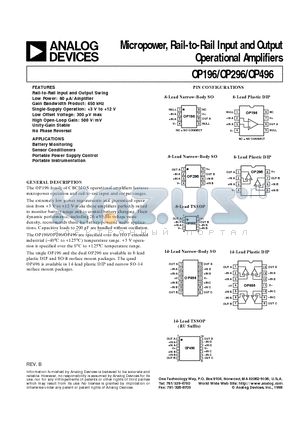 OP196 datasheet - Micropower, Rail-to-Rail Input and Output Operational Amplifiers