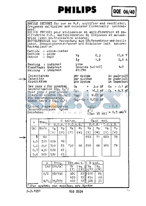 QQE06/40 datasheet - DOUBLE TETRODE FOR USE AS H.F. AMPLIFIER AND OSCILLATOR