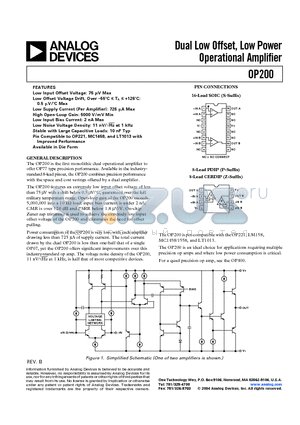 OP200 datasheet - Dual Low Offset, Low Power Operational Amplifier