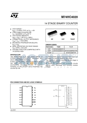 M74HC4020B1R datasheet - 14 STAGE BINARY COUNTER