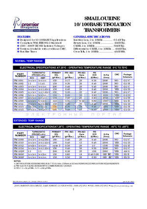 PM-1009 datasheet - SMALL OUTLINE 10/100BASE-T ISOLATION TRANSFORMERS