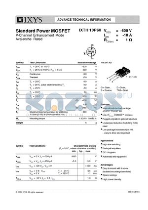 IXTH10P60 datasheet - Standard Power MOSFET
