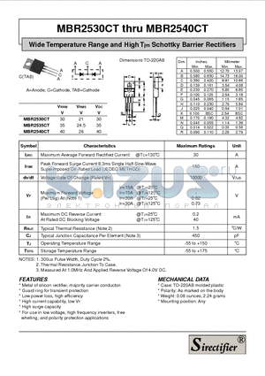 MBR2540CT datasheet - Wide Temperature Range and High Tjm Schottky Barrier Rectifiers