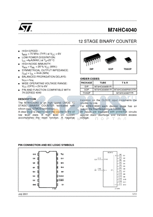 M74HC4040M1R datasheet - 12 STAGE BINARY COUNTER