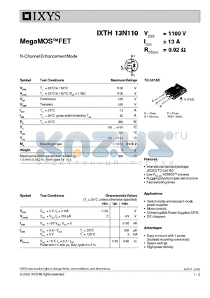 IXTH13N110 datasheet - MEGA MOS FET