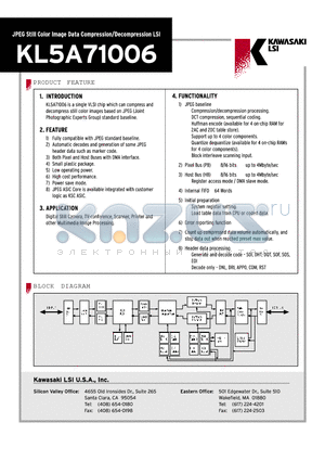 KL5A71006 datasheet - JPEG STILL COLOR IMAGE DATA COMPRESSION/DECOMPRESSION LSI