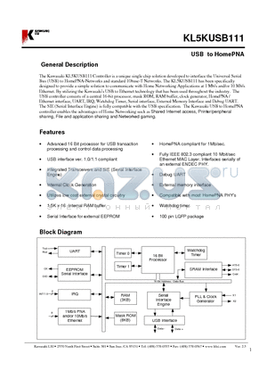 KL5KUSB111_L datasheet - USB to HomePNA