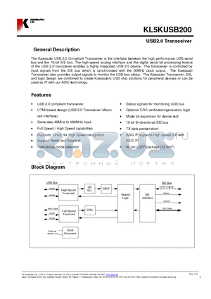 KL5KUSB200 datasheet - USB2.0 Transceiver