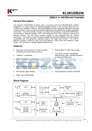 KL5KUSB220 datasheet - USB2.0 to 100 Ethernet Controller