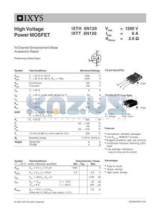 IXTH6N120 datasheet - High Voltage Power MOSFET
