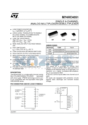 M74HC4051M1R datasheet - SINGLE 8-CHANNEL ANALOG MULTIPLEXER/DEMULTIPLEXER