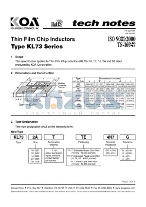 KL731ETTP15N datasheet - Thin Film Chip Inductors