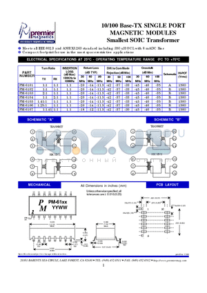 PM-6101 datasheet - 10/100 Base-TX SINGLE PORT MAGNETIC MODULES Smallest SOIC Transformer