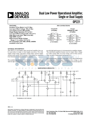 OP221 datasheet - Dual Low Power Operational Amplifier, Single or Dual Supply