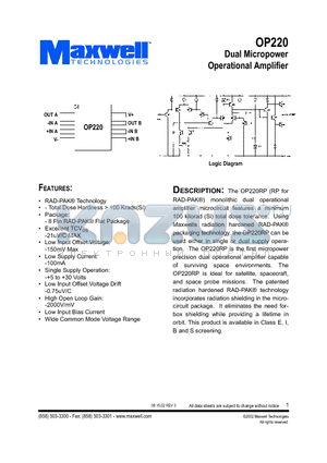 OP220RPFE datasheet - Dual Micropower Operational Amplifier