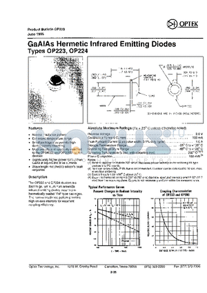 OP224 datasheet - GAAIAS HERMETIC INFRARED EMITTING DIODES