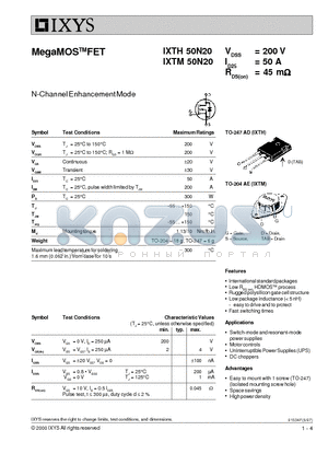 IXTM50N20 datasheet - MegaMOS FET