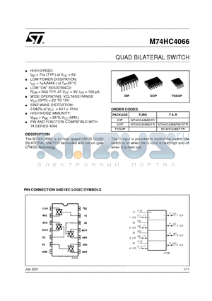 M74HC4066B1R datasheet - QUAD BILATERAL SWITCH