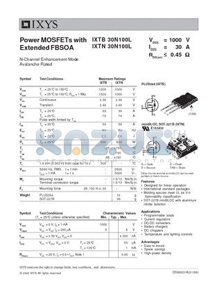 IXTN30N100L datasheet - Power MOSFETs with Extended FBSOA