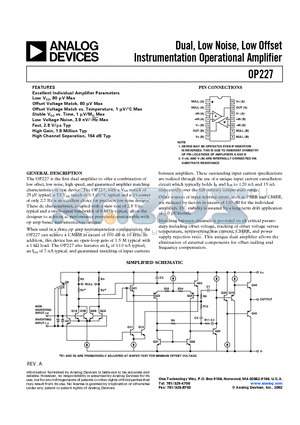 OP227GY datasheet - Dual, Low Noise, Low Offset Instrumentation Operational Amplifier