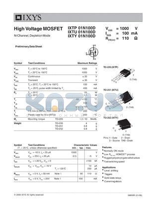 IXTP01N100D datasheet - N-Channel, Depletion Mode High Voltage MOSFET