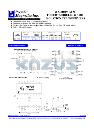 PM-7583 datasheet - 25.6 MBPS ATM FILTERS MODULES & SMD ISOLATION TRANSFORMERS